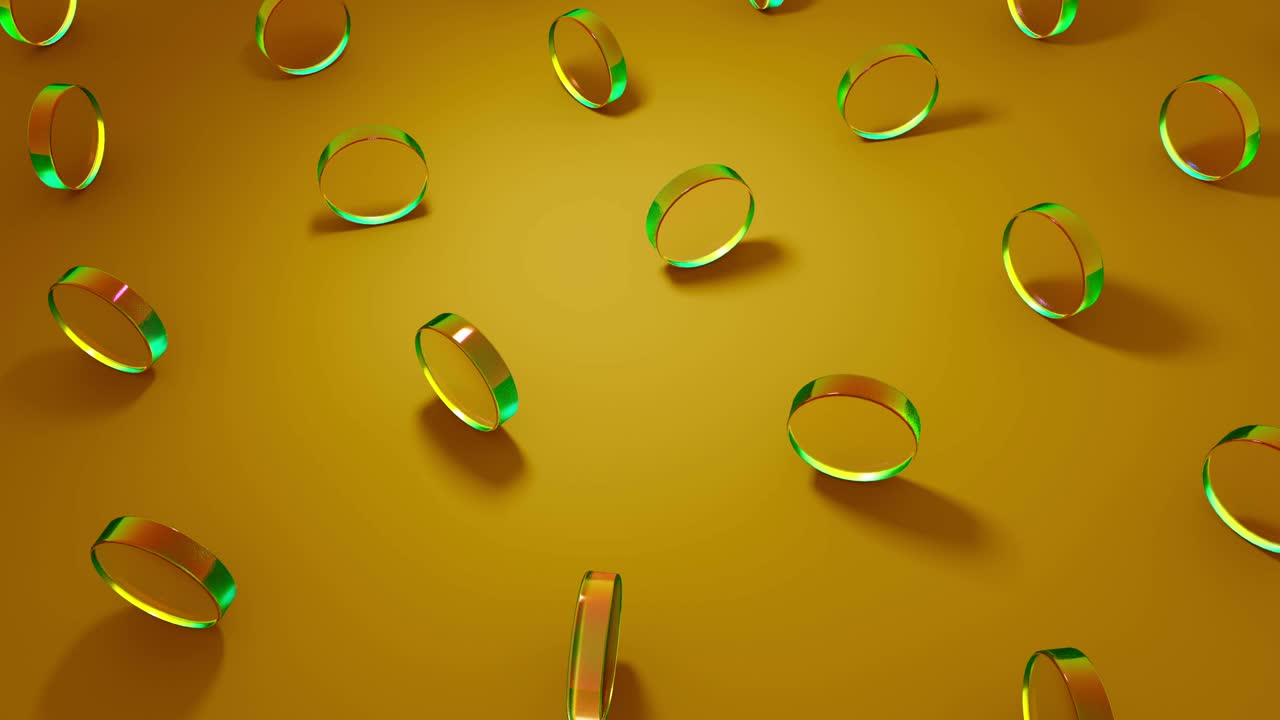 renderización por computadora en 3d de objetos redondos de vidrio de cristal que giran sobre un fondo amarillo.