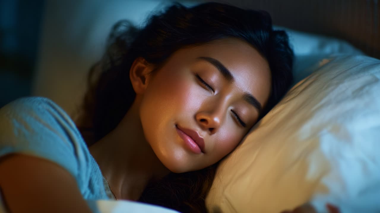 Un momento di pace: una giovane donna si gode un'esperienza di sonno tranquilla in una camera da letto accogliente, immersa nella serenità e nel relax dell'ambiente notturno