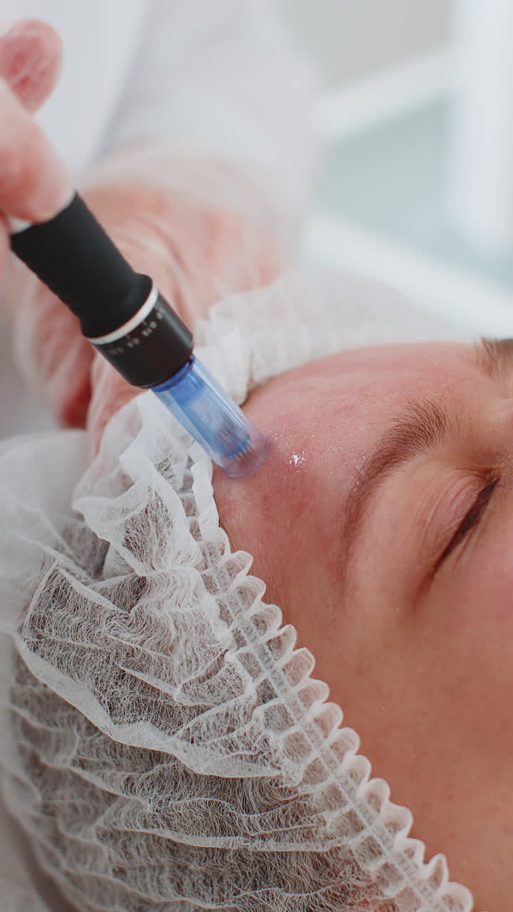 Cosmetologist doing peeling procedure, woman skin regeneration, dermapen microneedling, dermastamp