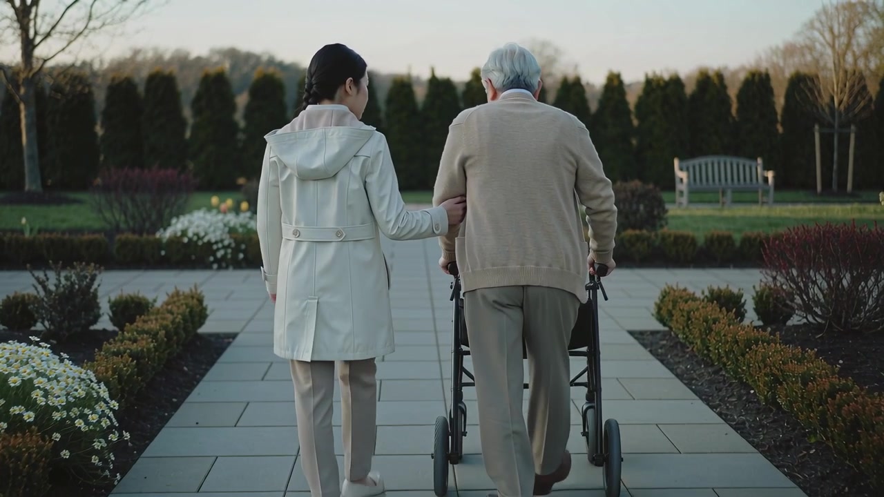 Touching woman caregiver steadying senior with rollator along garden path toward bench, light coat