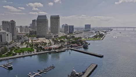 san diego california aerial v49 drone flyover tuna harbor towards marina embarcadero bay park capturing seaport village shopping mall and downtown cityscape - shot with mavic 3 cine - september 2022