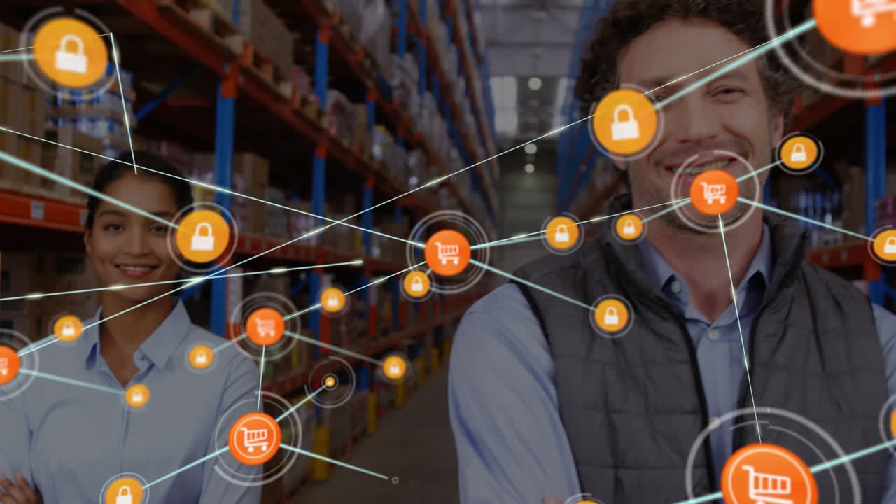 animación de la red de conexiones con iconos sobre diversas personas de negocios que trabajan en el almacén