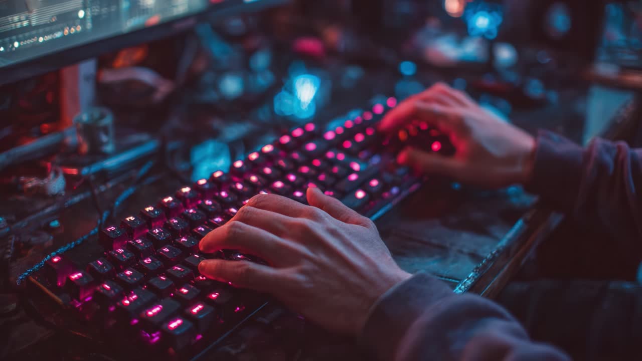 Un momento intenso di concentrazione: una persona impegnata a digitare velocemente al computer con una tastiera retroilluminata colorata in una stanza scarsamente illuminata piena di dispositivi elettronici
