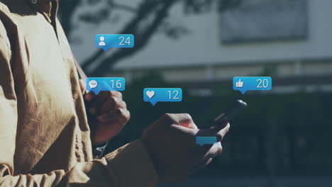 animación de iconos de redes sociales y datos sobre hombre afroamericano que usa un teléfono inteligente