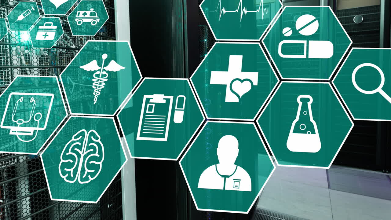 Animación de iconos médicos sobre una sala de servidores