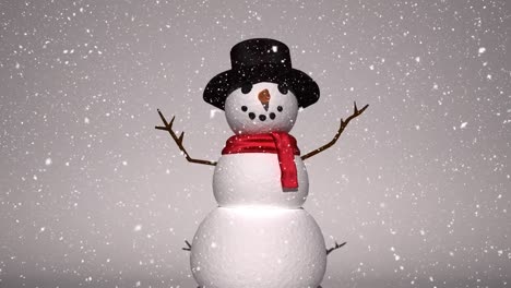 snow falling over snowman wearing a hat against grey background