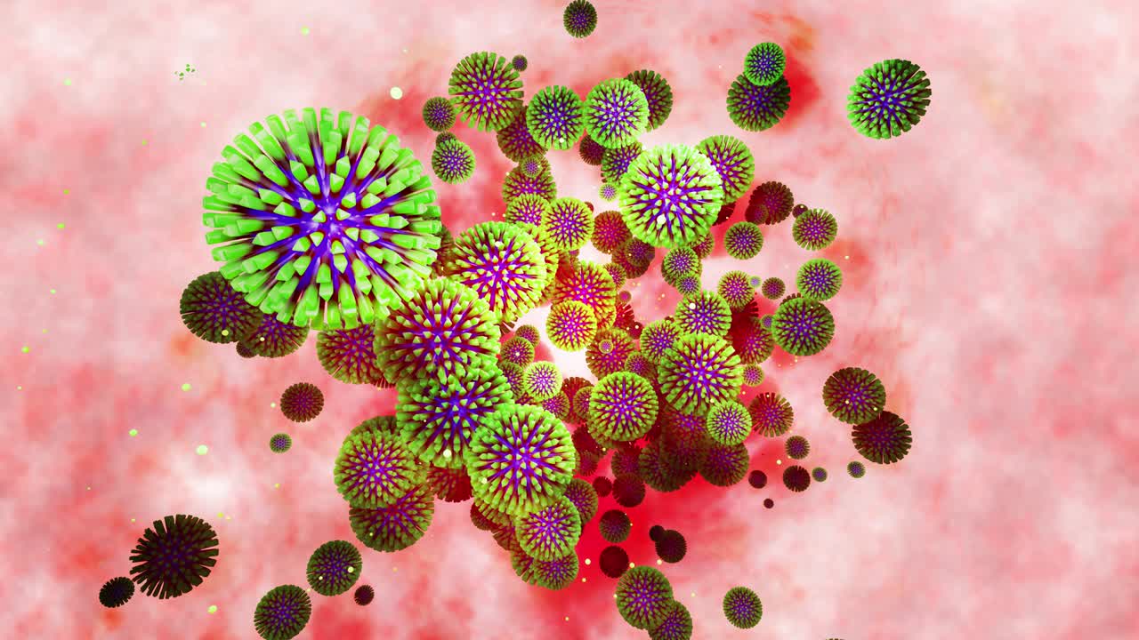 Modello 3D di coronavirus verde sulla membrana mucosa. Animazione fluida in loop 4K del virus che galleggia nel liquido. Sfondo microbiologico scientifico, rendering 3D del virus. Colori blu verde 8