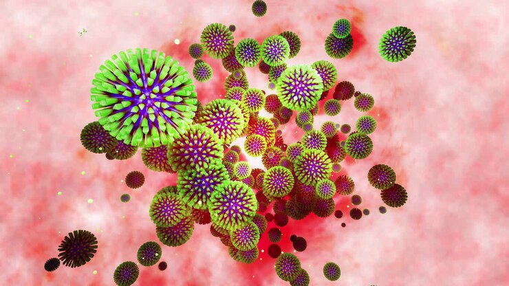 Modello 3D di coronavirus verde sulla membrana mucosa. Animazione fluida in loop 4K del virus che galleggia nel liquido. Sfondo microbiologico scientifico, rendering 3D del virus. Colori blu verde 8
