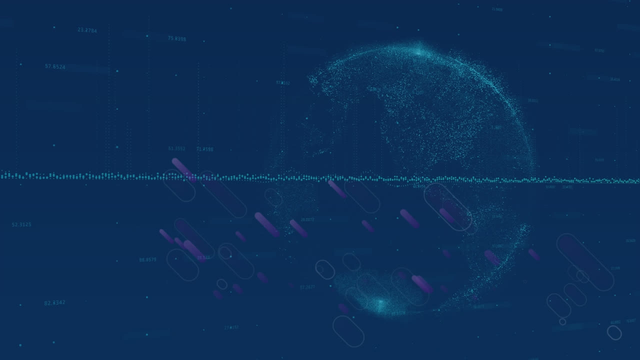 Animation of data processing over purple light trails