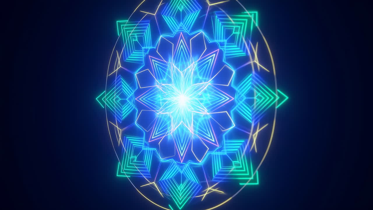 Motivo geometrico a mandala neon blu e verde che si espande