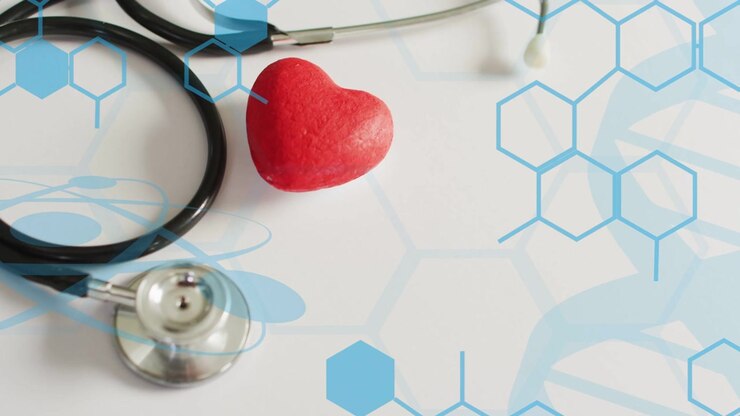 Un accesorio de corazón rojo anclándose mientras la cámara se desplaza, revelando un hexágono con un estetoscopio que muestra un vínculo con la salud.