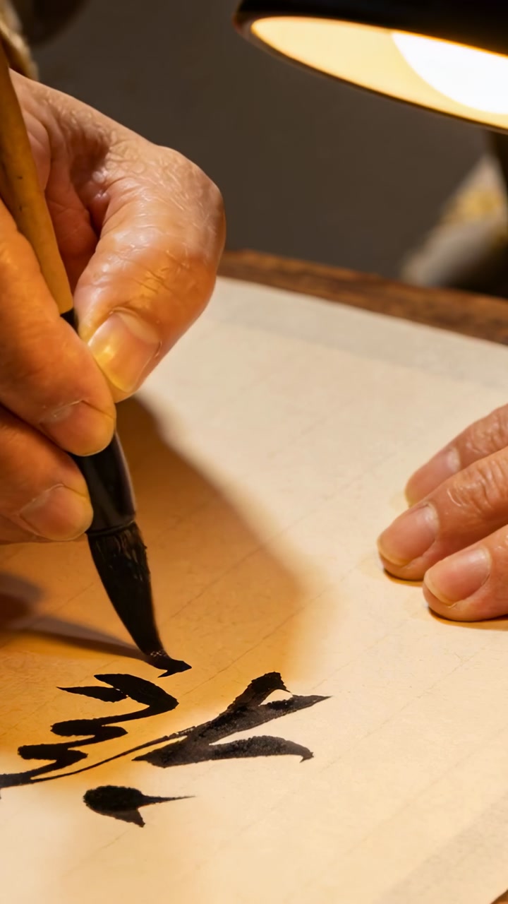 Vertical video: Writing as lamp turning on, artist practicing script strokes with brush on paper