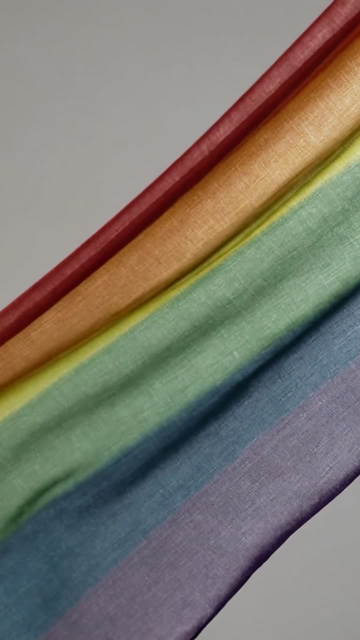 Video verticale: Tessuto arcobaleno sventolato da una mano invisibile attraverso un set da studio per mostrare i colori