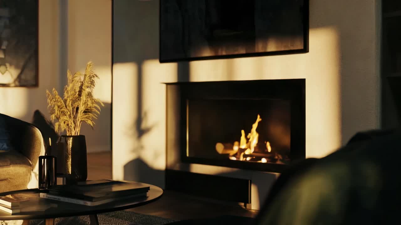 Cozy modern living room with a fireplace, warm lighting, and decor