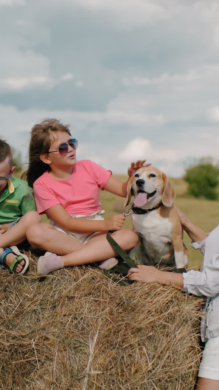 la familia disfruta de un picnic en el campo mientras la abuela frota la cabeza del perro, los niños se sientan en el pajar, la mujer lleva la canasta, el cielo de verano por encima, los campos verdes se extienden en la distancia