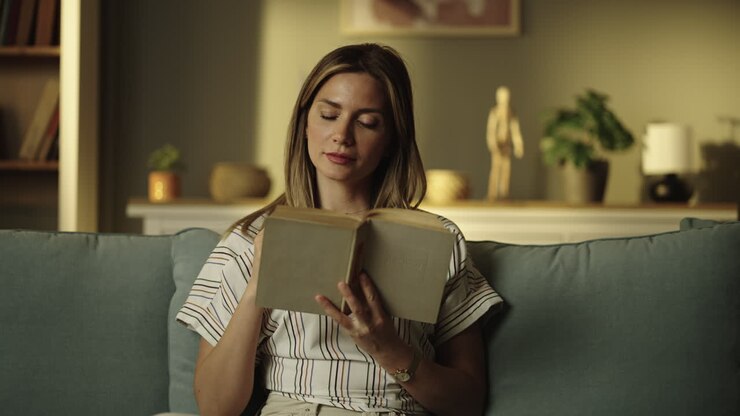Woman reading a book on the couch