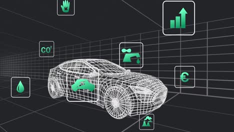 Animation-of-network-of-eco-icons-over-3d-car-drawing