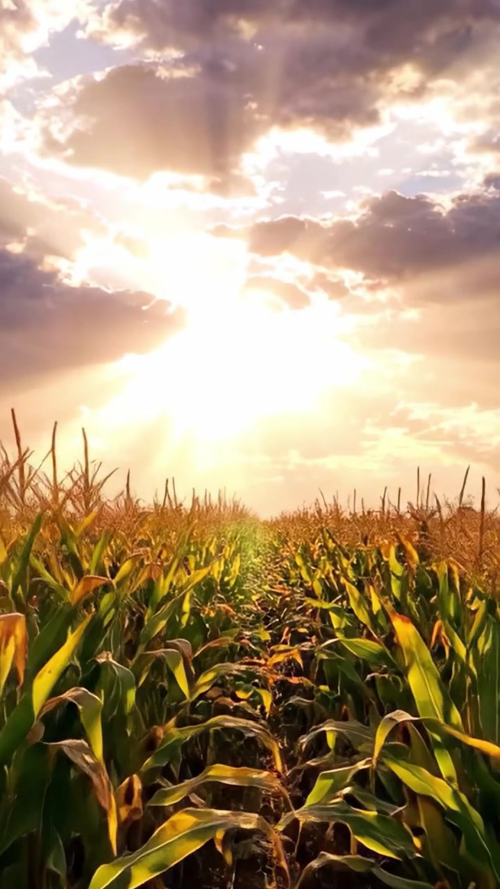 Golden Fields: A Stunning Display of Corn Rows Under Radiant Sunlight as Day Transitions into Evening, Highlighting the Beauty of Nature's Harvest