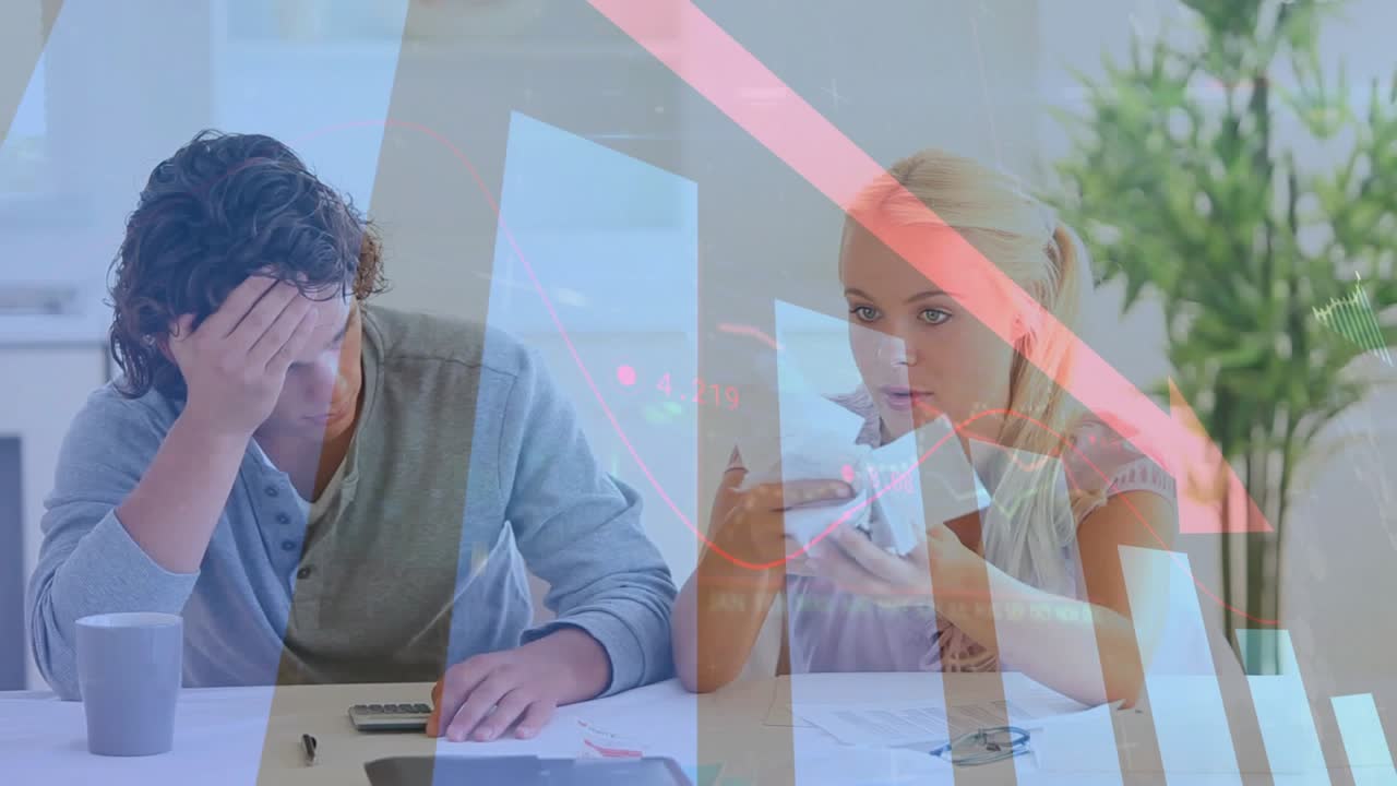 Man and woman sitting at table, spotting bill error, tearing pages, animated finance charts overlay
