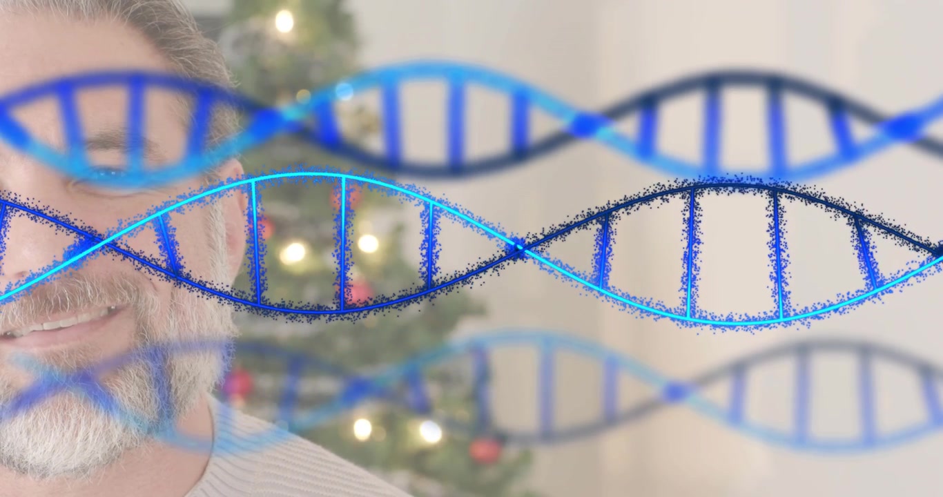 Man sitting by Xmas tree, helices fading in after pause, weaving across face highlighting genetics