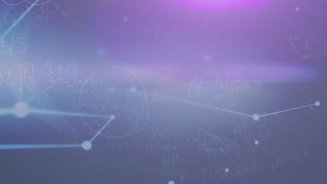animación de la red de conexiones y ecuaciones matemáticas sobre fondo púrpura