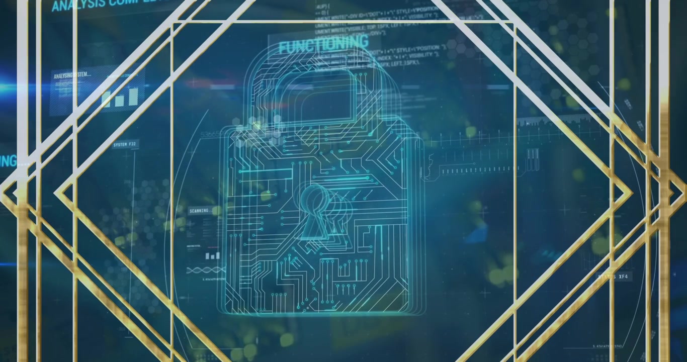 Animation of online security padlock, pattern and data processing