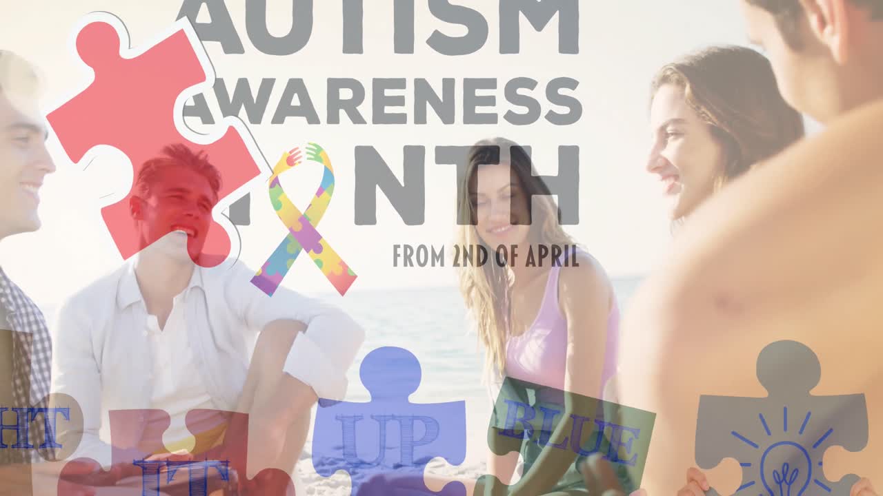 여름 해변 파티에서 행복한 친구들 위에 다채로운 퍼즐 조각과 자폐증 텍스트의 애니메이션