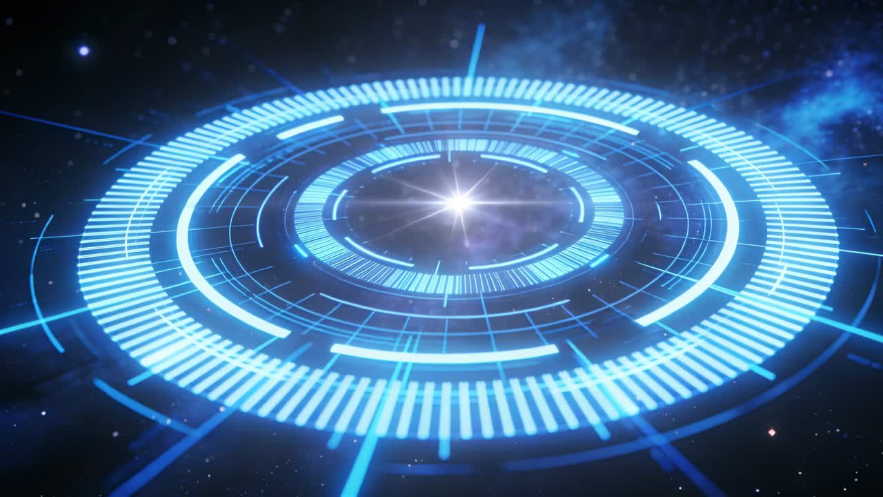 Roterende holografisk disk med lysende ringe og streger, der pulserer, flammer op og derefter dæmpes over et stjernefelt.