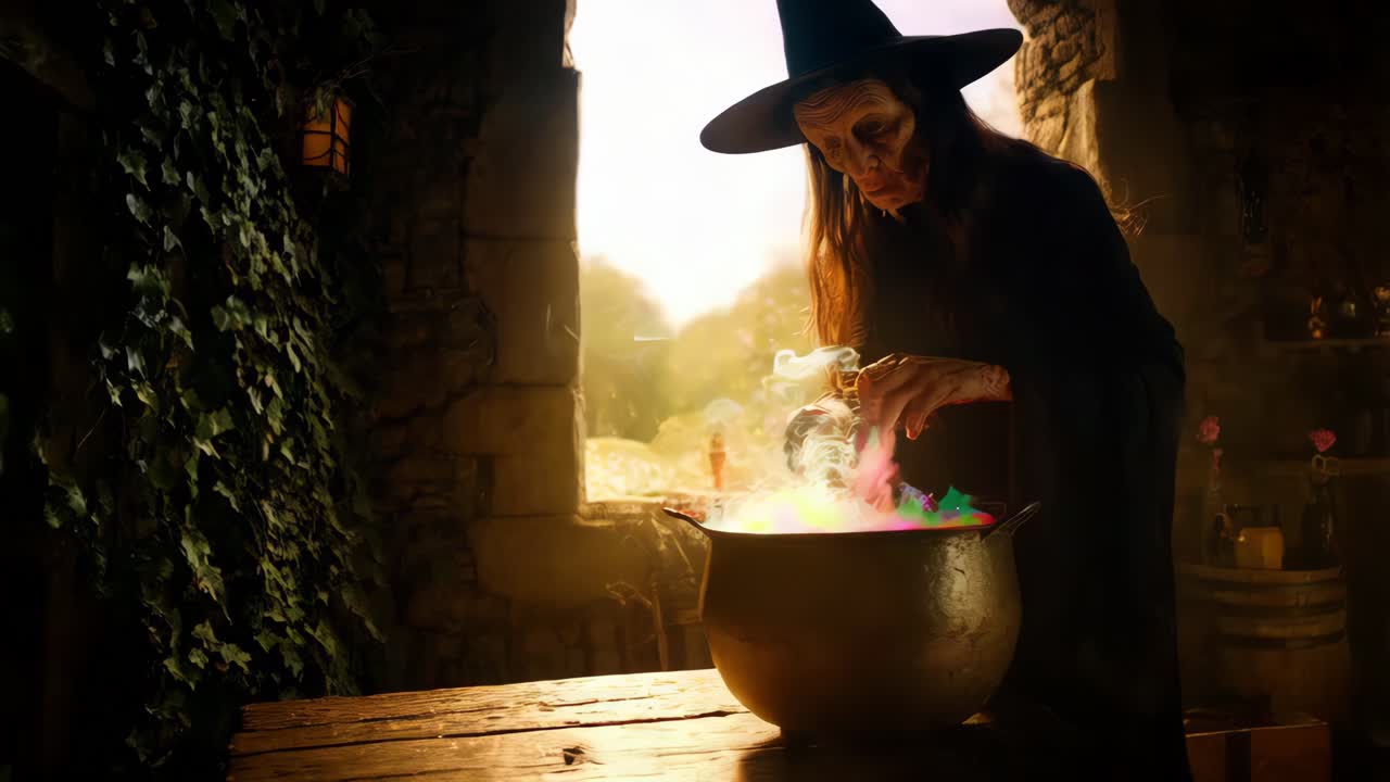 Witch Brewing a Colorful Potion in a Dark Ancient Hut
