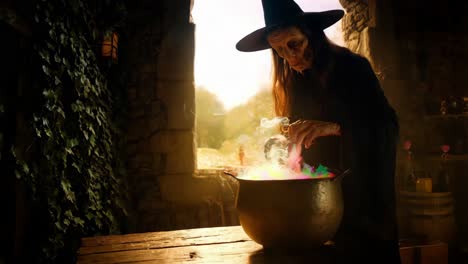una bruja preparando una poción colorida en una antigua cabaña oscura