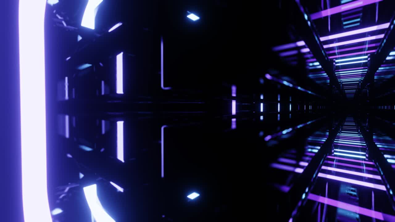 Ultraviolet tunnel. Hi-tech neon sci-fi tunel. Trendy neon glow lines form pattern and construction in mirror tunnel. Fly through technology cyberspace. 3d looped seamless 4k bright youth background.