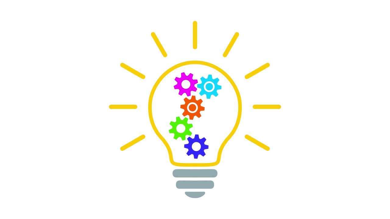 Lamp bulb with 5 gears (cog wheels) rotating inside, turns on and off, multicolored simple outline flat icon.