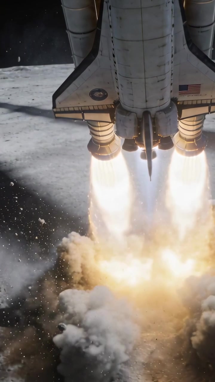 Video verticale: I motori dell'orbiter accendono i 3 motori scendendo per l'atterraggio su una pianura lunare, sollevando polvere.