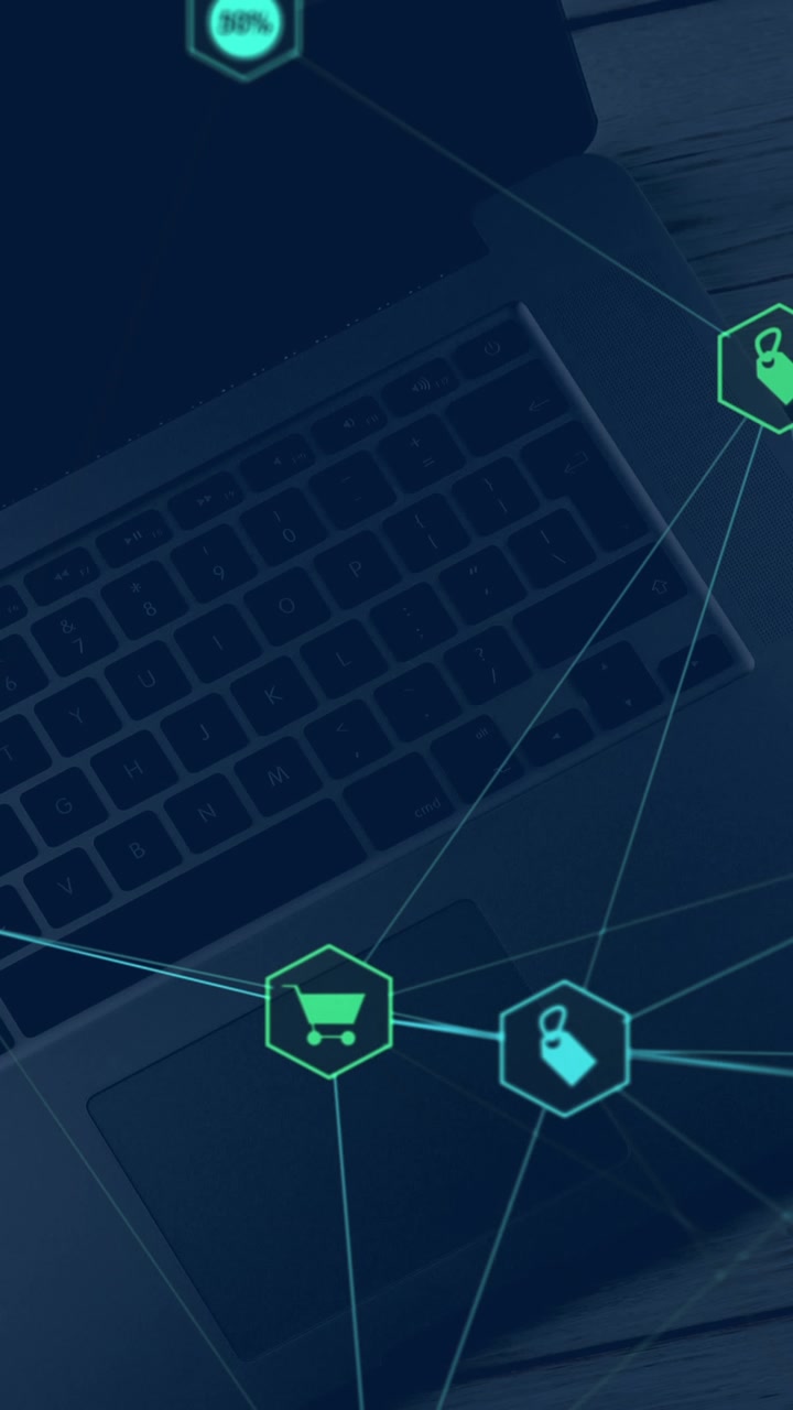 Digital composite video of digital social media interface icons against laptop in background