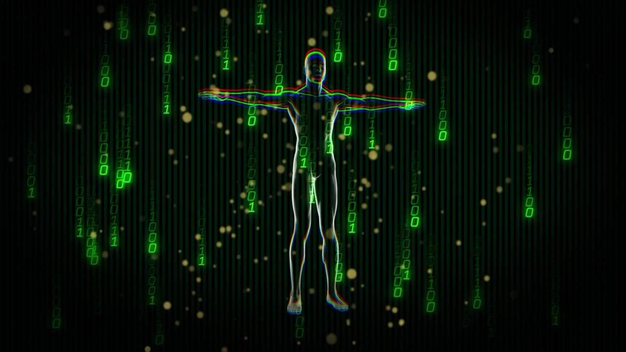 On playback start, humanoid outline rotating with chromatic fringe pulsing, shifting binary focus