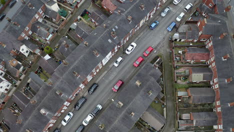 overhead aerial footage of terrace housing in one of stoke on trent's poorer areas, poverty and urban decline, council and social housing, west midlands