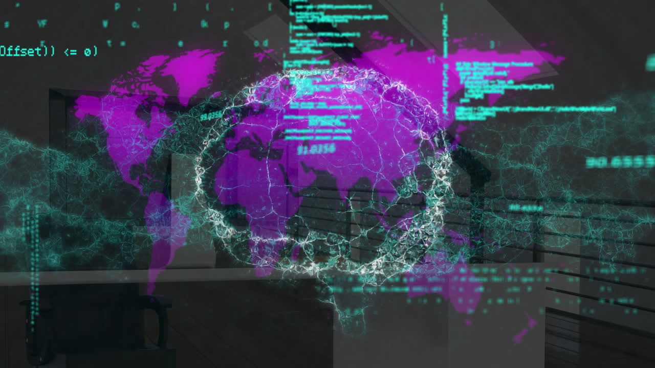 Animation of data processing and digital brain over office