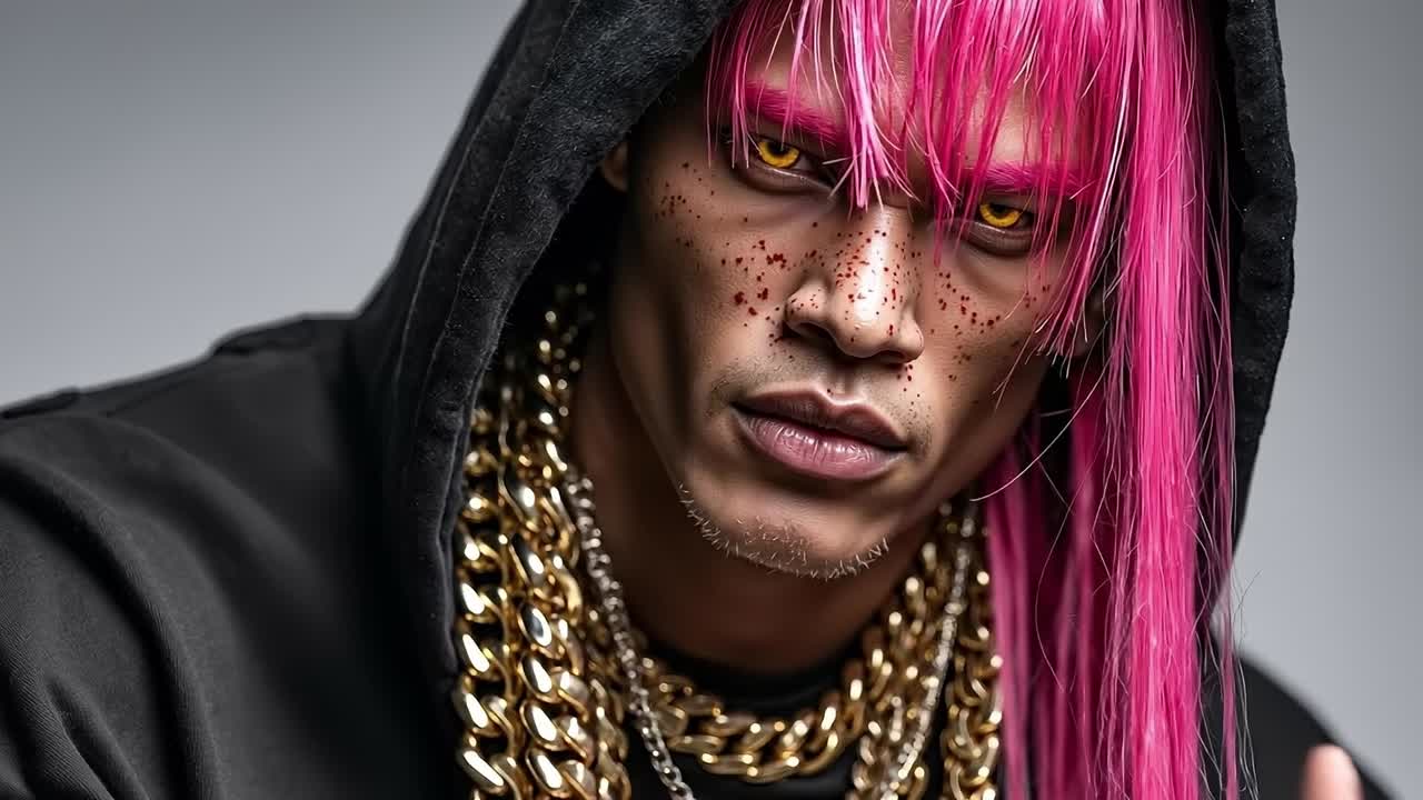 A man with pink hair wearing a black hoodie and gold chains
