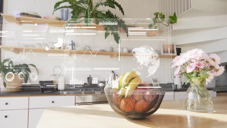 graphs and world map animation over modern kitchen with fruit bowl and flowers