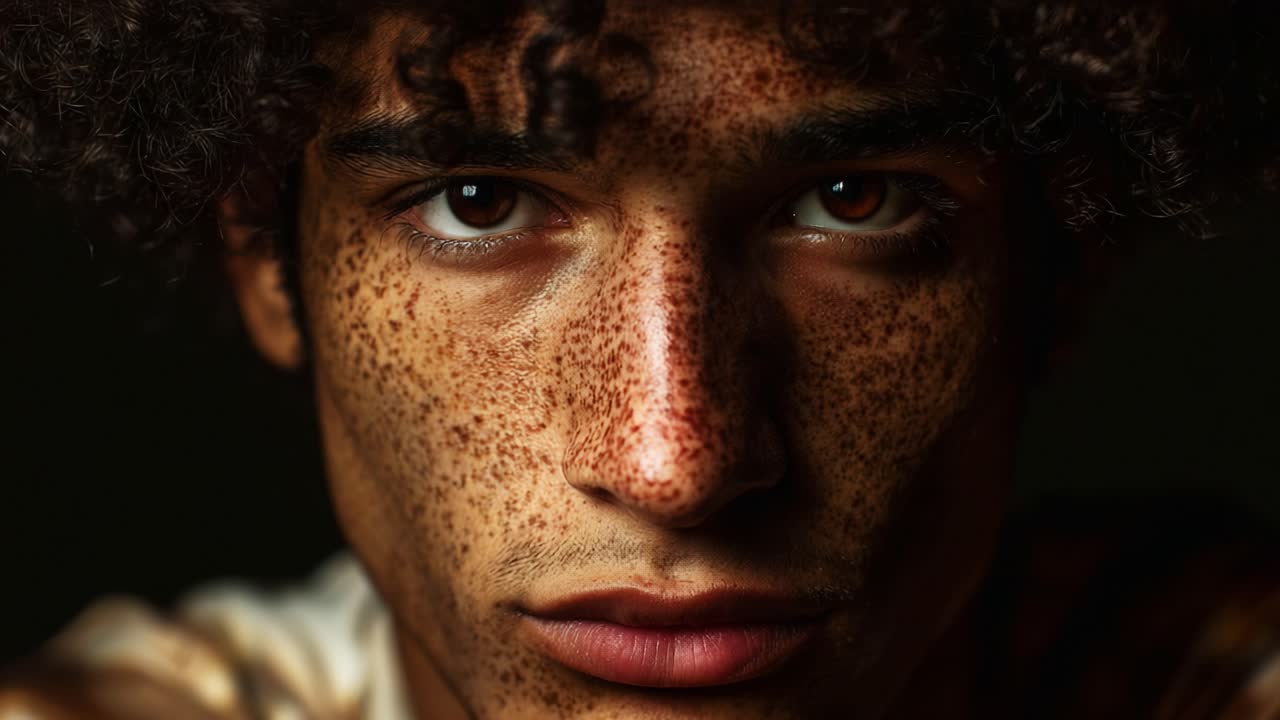 Close-up Portrait of a Young Man with Distinctive Freckles and Curly Hair, Captured in Dramatic Lighting, Showcasing Intense Expression and Unique Features in a Stark Background