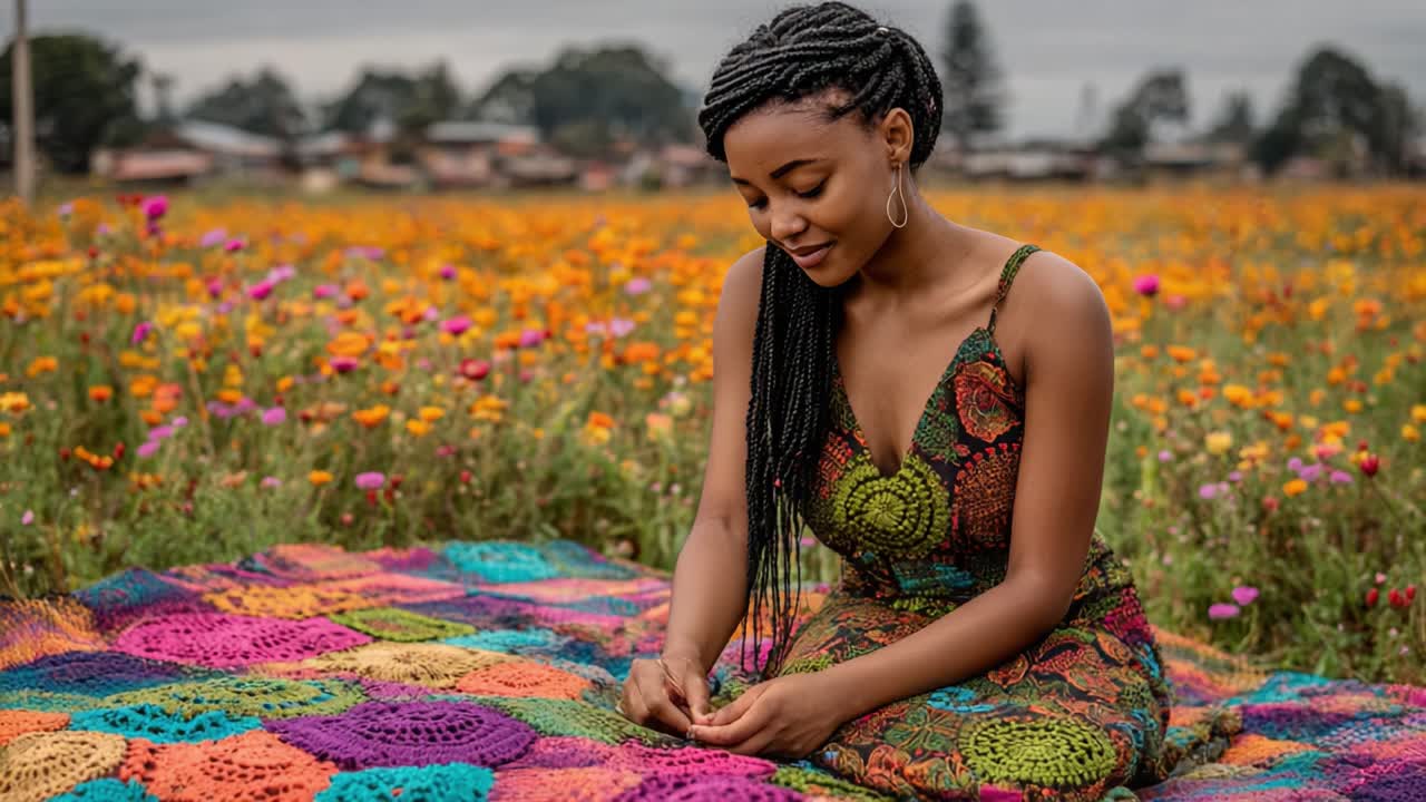 A Serene Moment in a Colorful Flower Field: A Young Woman Enjoys Nature While Seated on a Vibrant Blanket Amidst an Abundant Blooming Landscape