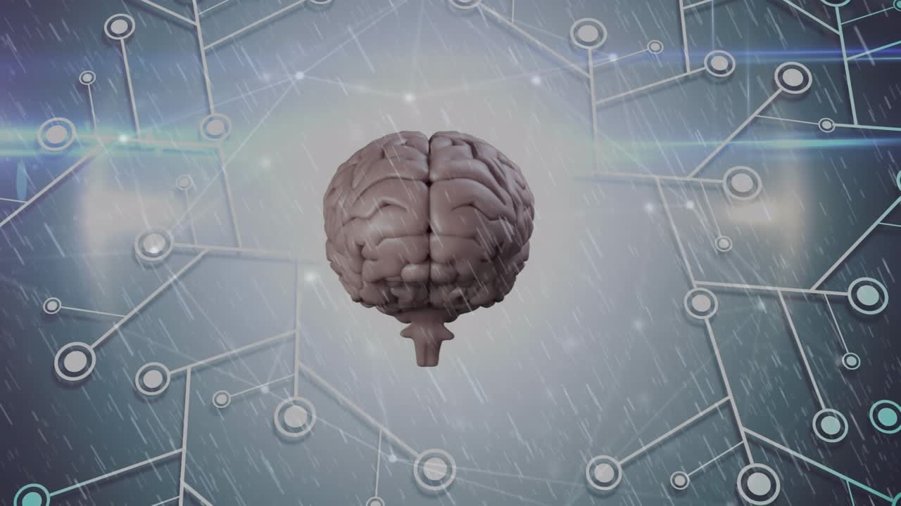 Animation af netværk af forbindelser og menneskelig hjerne over blå baggrund