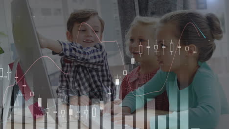 animación del procesamiento de datos estadísticos contra tres niños diferentes que usan computadora en la escuela