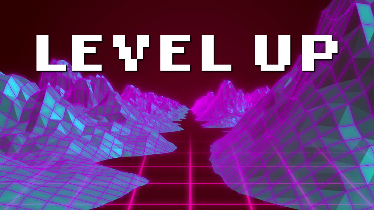 animación del nivel de texto de píxel blanco hacia arriba, sobre la cuadrícula rosa y el paisaje rosa y azul, en marrón