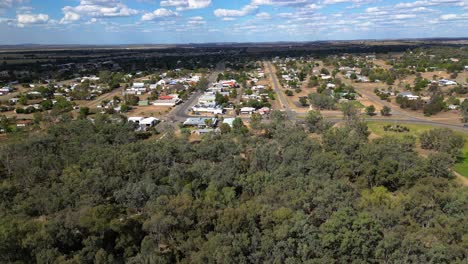 Left to right aerial views over the town of Taroom and surrounding bushland, Central Queensland, Australia.