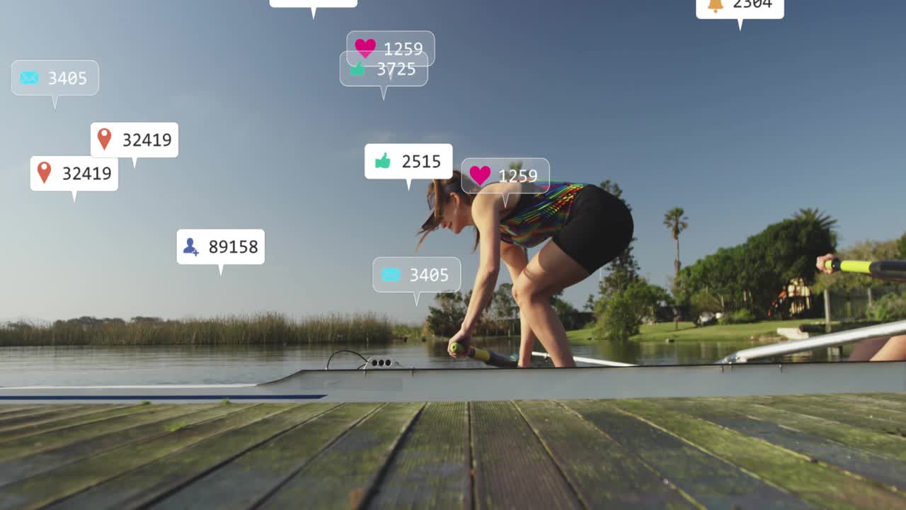 female athlete preparing oar on dock by lake, with floating heart icons boosting business analytics