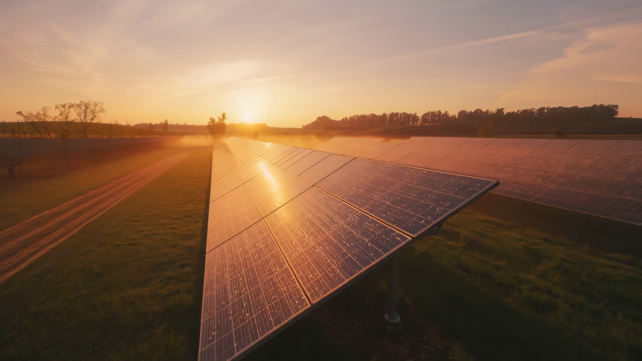 Recording drone moving forward along panel arrays in farmland at sunrise, capturing sun reflections