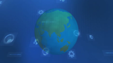 rotating globe with digital icons and data processing animation on blue background