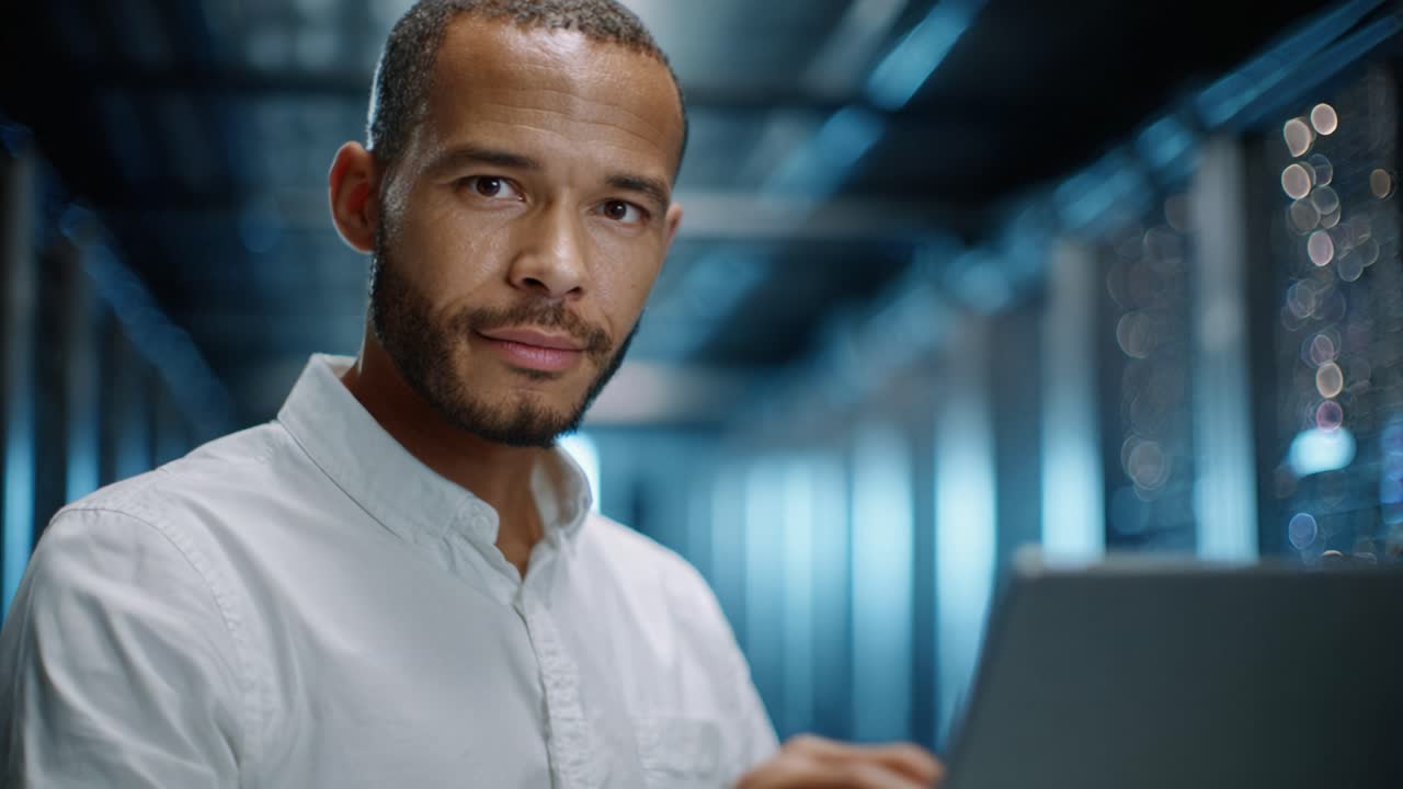 A focused professional working intently with a laptop in a modern data center, showcasing technology and the digital world in a sleek, high-tech environment