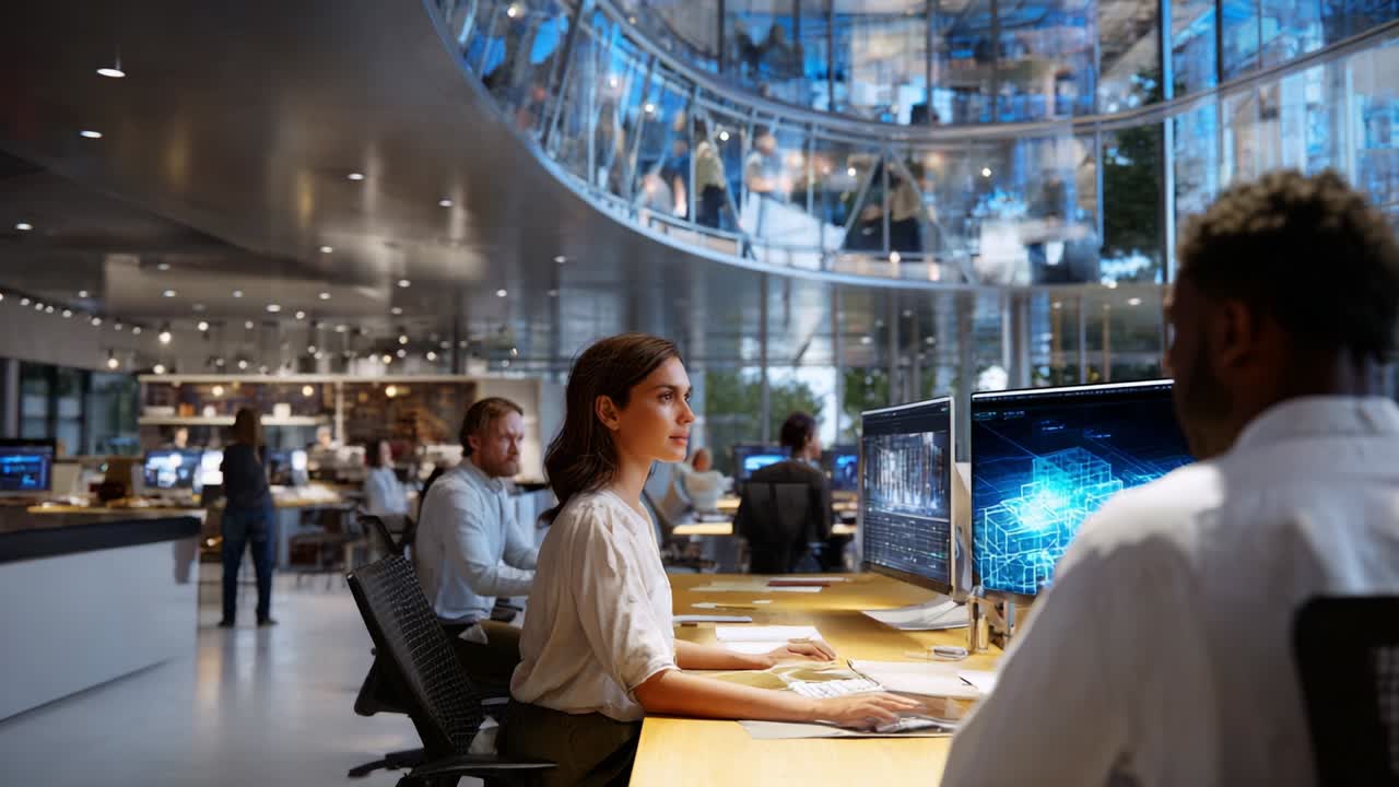 A modern office space featuring individuals engaged in collaborative work, with advanced technology setups including multiple screens displaying intricate digital designs and innovative concepts in an aesthetically pleasing environment